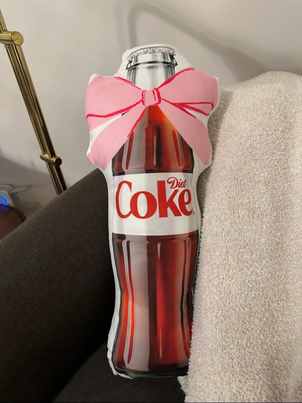 Diet Coke Bottle Novelty 19’ Plush Throw Pillow White NWT pink bow